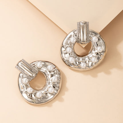 Silver Round Pearl Earrings Geometric Irregular Stud Earrings