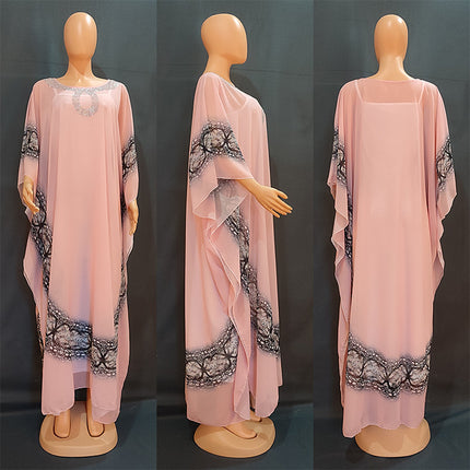 Wholesale African Muslim Women's Dolman Sleeve Plus Size Robe Suspender Dress Two Piece Set