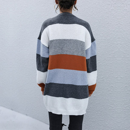 Wholesale Ladies Autumn Winter Striped Mid Length Cardigan Sweater