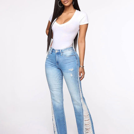 Wholesale Women's Fashion Stretch Ripped Street Jeans