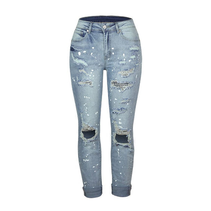Women's Stretch Washed Ripped Straight Jeans