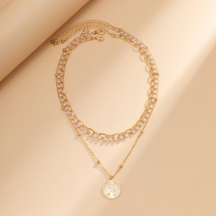 Venta al por mayor Collar de cadena de perlas apiladas simple Collar de etiqueta de metal