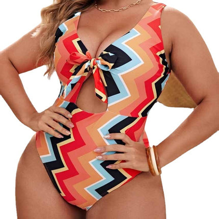 Einteiliger Damen-Badeanzug mit Rhombus-Streifen-Bikini-Schleife in Übergröße