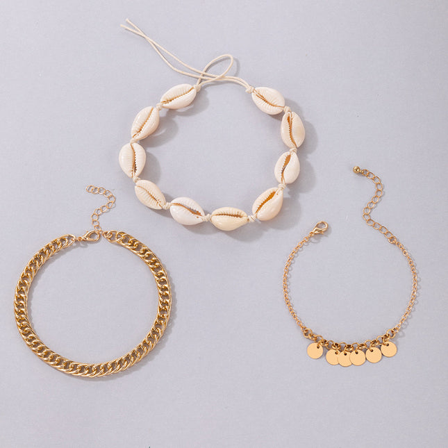 Shell Rope Geometric Chain Disc Triple Layer Anklet