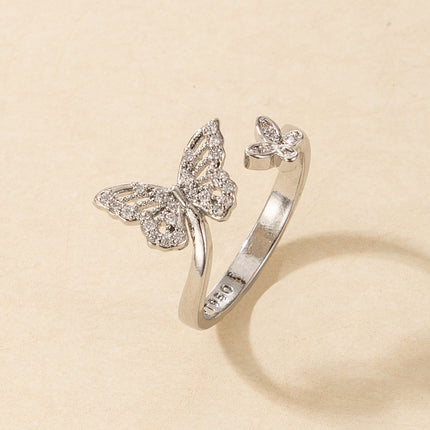 Anillo de corazón de estrella de mariposa de diamantes de imitación ajustable abierto