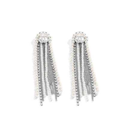 Pearl Chain Tassel Stud Earrings Double Hoop Earrings