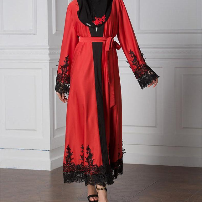 Ladies Muslim Lace Stitching Loose Cardigan Long Sleeve Robe