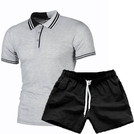 Wholesale Men's Striped Color Matching Slim Casual Polo Shirt Shorts Two Piece Set