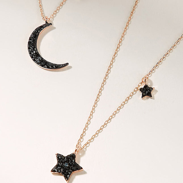 Collar de doble capa de media luna geométrica de luna y estrella de diamantes de imitación