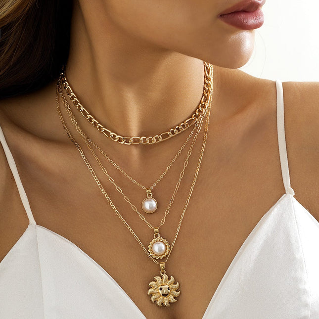 Vintage Pearl Sunflower Pendant Necklace Metal Chain