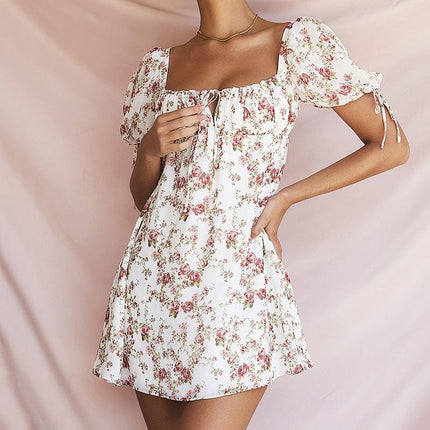 Damen Sommer Sexy Fashion Floral Backless Puff Sleeve Short Dress