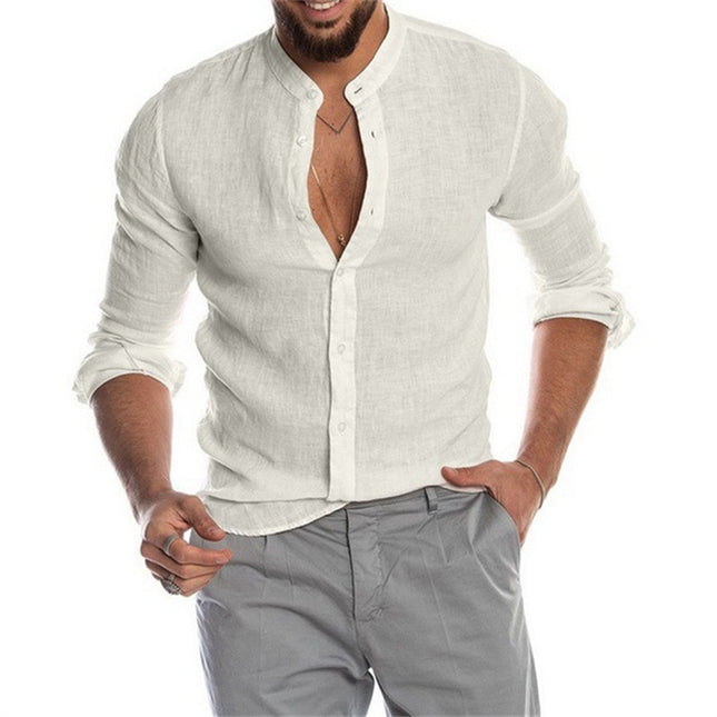 Camisa de manga larga tipo cárdigan con cuello levantado de lino de color liso para hombre