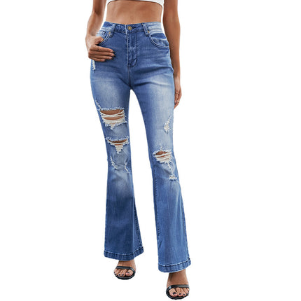 Wholesale Ladies High Waist Loose Denim Ripped Flared Jeans