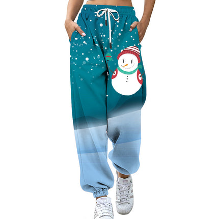 Wholesale Women's Christmas Snowman Print Pocket Wide Leg Joggers