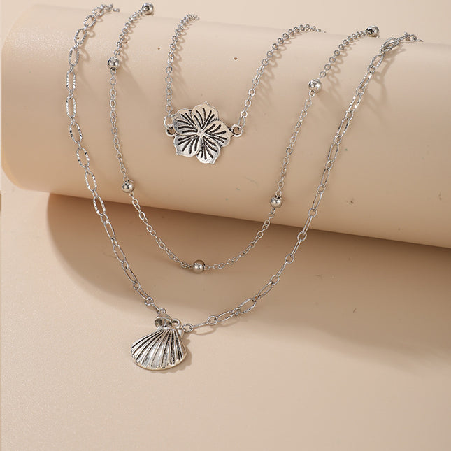 Scallop Flower Pendant Multilayer Necklace Geometric Trend Round Bead Three Layer Necklace Set