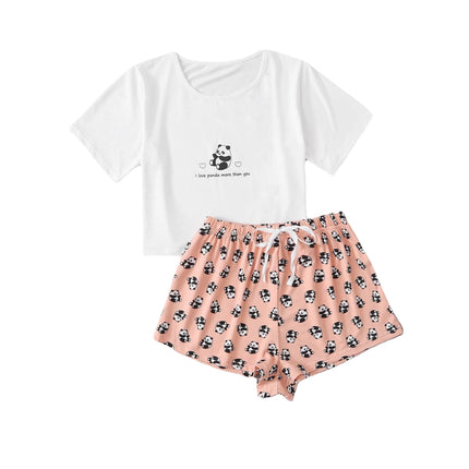 Ladies Summer Print Short Sleeve Shorts Pajamas Two-piece Set