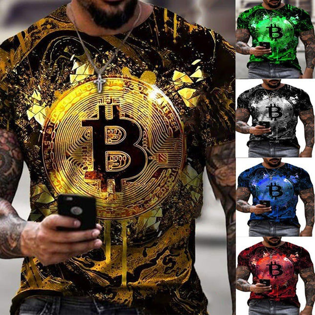 Wholesale Men's Round Neck Short Sleeve 3D Digital Printing Bitcoin T-Shirt