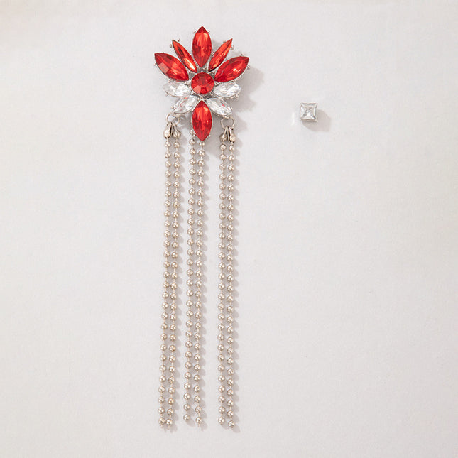 Wholesale Bead Asymmetric Red Rhinestone Tassel Stud Earrings