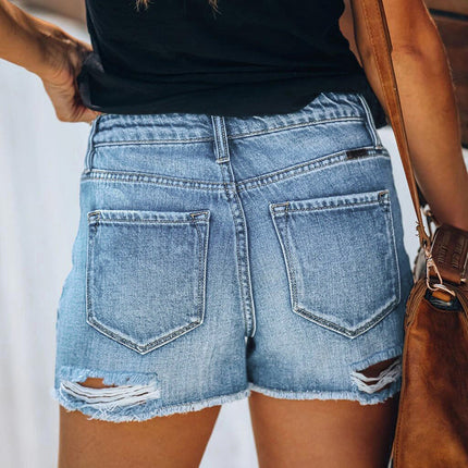 Wholesale Women's Denim Shorts with Stretch Ripped Fringes