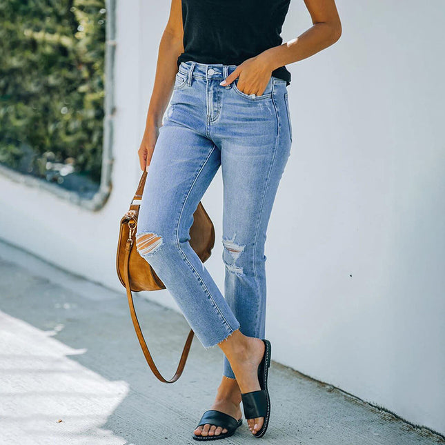 Jeans recortados de cintura alta con cintura alta y rasgados para mujer