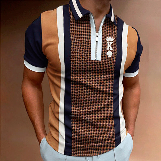 Wholesale Men's Casual Striped Plaid Print Zipper Short Sleeve Polo Shirt