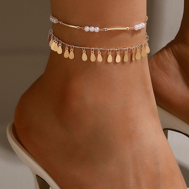 Pearl Beaded Alloy Droplet Disc Multilayer Anklet