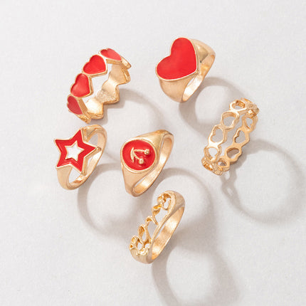 Fashion Red Cherry Pentagram Love Peach Ring 6 Pieces