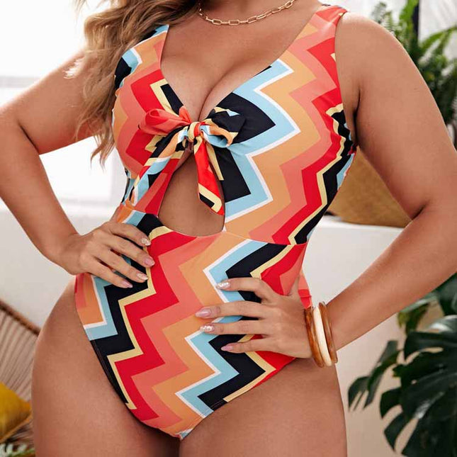 Wholesale Ladies Plus Size One-Piece Bikini Bow Rhombus Stripe Swimsuit