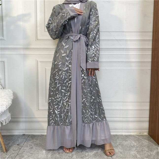 Tie Cardigan Embroidered Muslim Sequined Robe