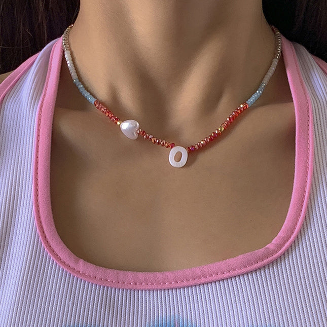 Peach Heart Pearl Colorful Crystal Beaded Clavicle Necklace