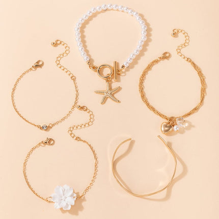 White Flower Heart Starfish Pendant Pearl Bracelet Set of 5