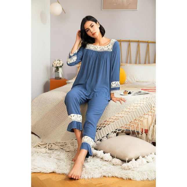 Pijama de mujer Color sólido Costura de encaje Homewear