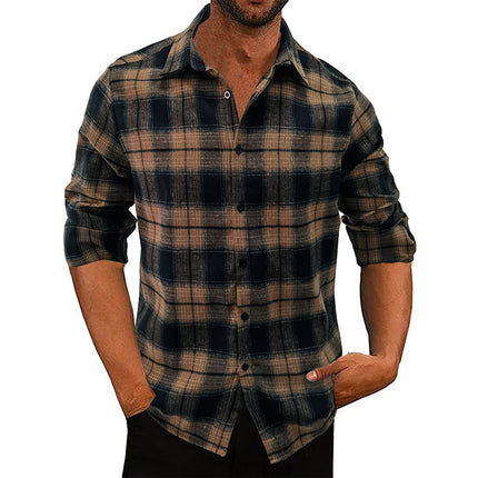 Camisa de franela suelta informal a cuadros de manga larga para hombre de otoño invierno
