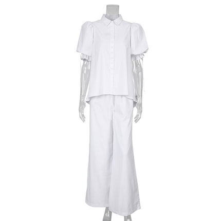 Women's Cotton Puff Sleeve Short Sleeve Shirt Pants Two Piece Set