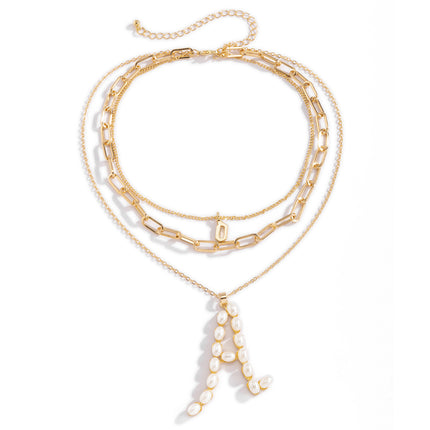 Collar de perlas con cadena de clavícula para mujer con incrustaciones de letras simples