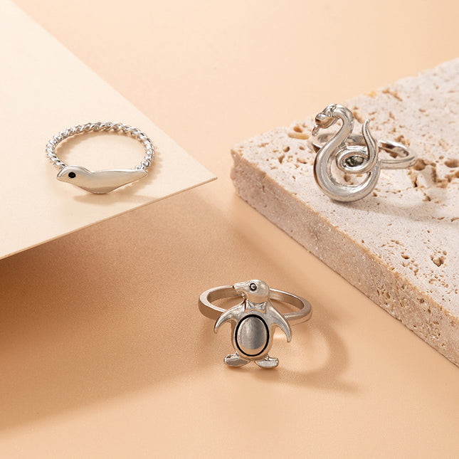 Wholesale Fashion Silver Animal Penguin Anhinga Trio Ring Set
