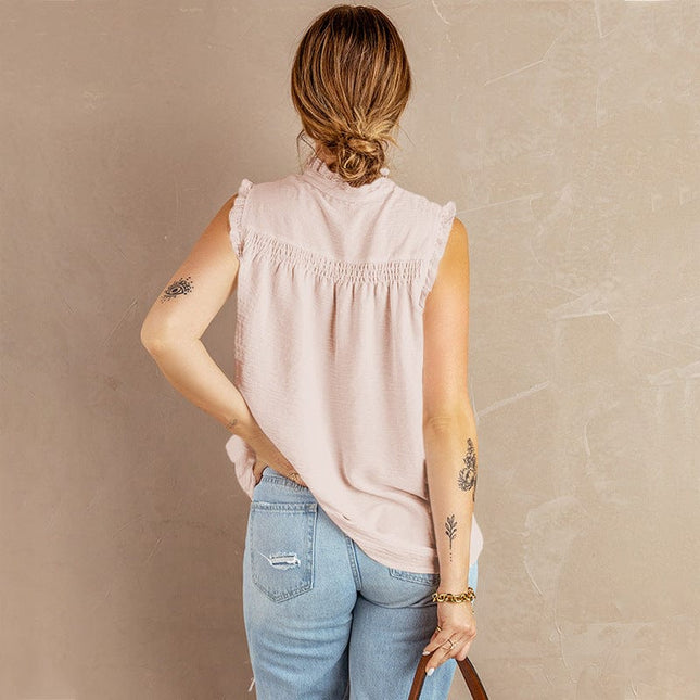 Women's Loose Pleated Sleeveless Lace Collar Strap Top