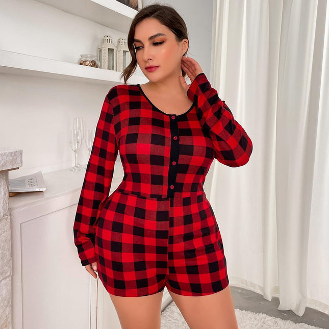 Venta al por mayor Plus Size Ladies Homewear Red Check Pijama de manga larga