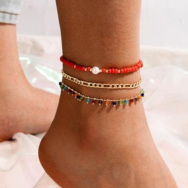 Color Beaded Pearl Three Layer Anklet Metal Chain Multilayer Anklet
