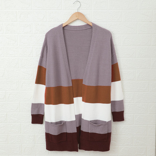 Wholesale Ladies Knitted Cardigan Mid Length Sweater Stitching Jacket
