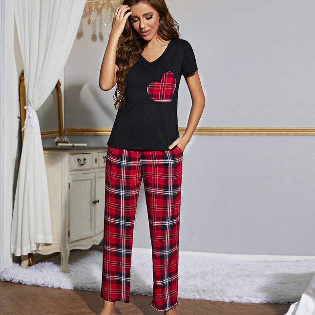 Pajama Set Ladies V Neck Short Sleeve Pants Loungewear