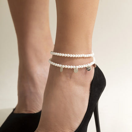 Faux Pearl Beaded Anklet Set Geometric Metal Letter Tag Anklet
