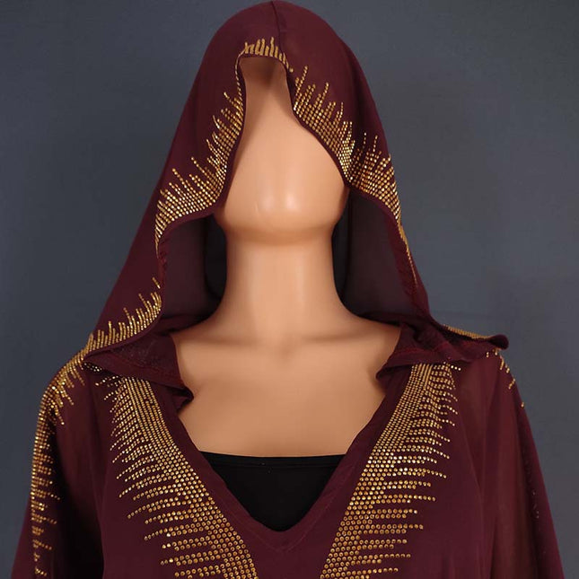 Wholesale Muslim Women's Chiffon Ironing Rhinestone Hooded Swing Burqa Two Piece Set