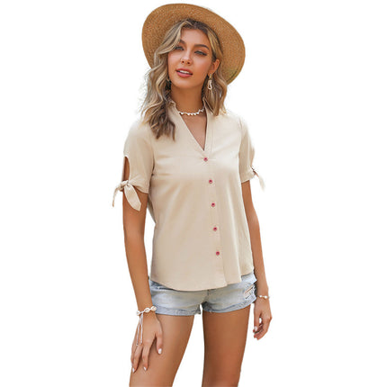 Wholesale Women's Summer Short Sleeve Solid Color Knotted Lapel Cardigan Shirt
