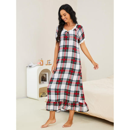 Wholesale Ladies Spring  Autumn Check Short Sleeve One-Piece Homewear Pajama Dress