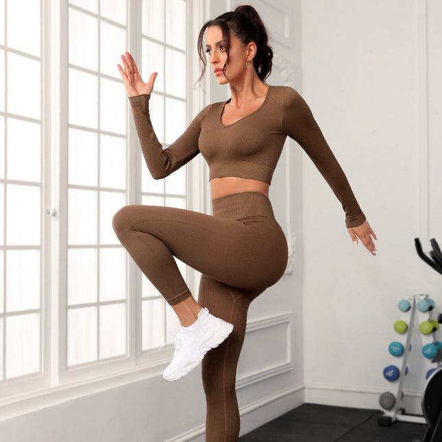 Wholesale Women's Yoga Seamless Long Sleeve Top Leggings Sports Two-piece Set