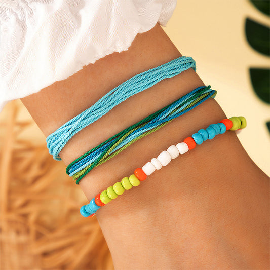 Handmade Cord Weaving Rice Beads Colorful Beaded Three-Piece Bracelet