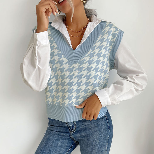 Wholesale Ladies Autumn Houndstooth V-Neck Layered Sweater Vest Top