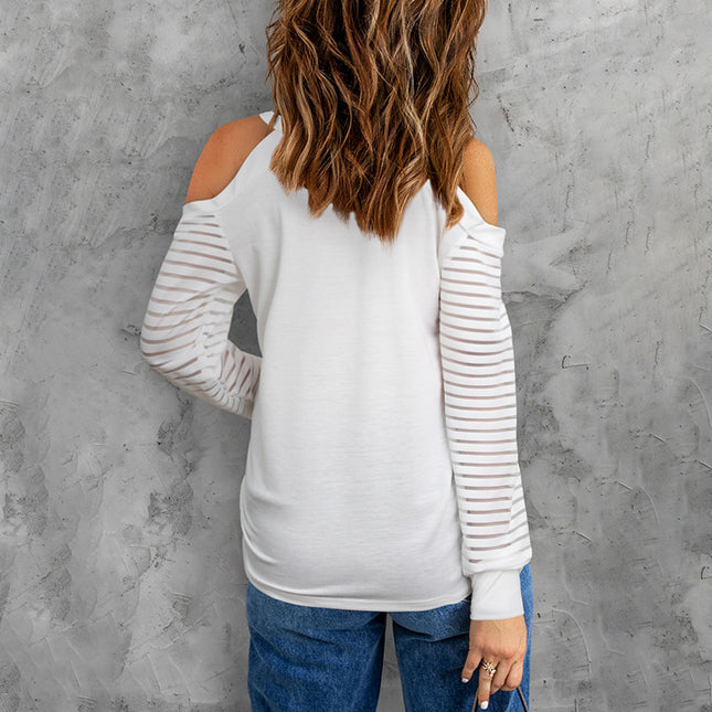 Women's Solid Color Stitching See Through Long Sleeve Strapless Top