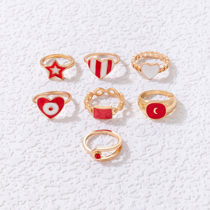 Red Oil Drop Love Heart Moon Rhinestone Seven-Piece Ring Set